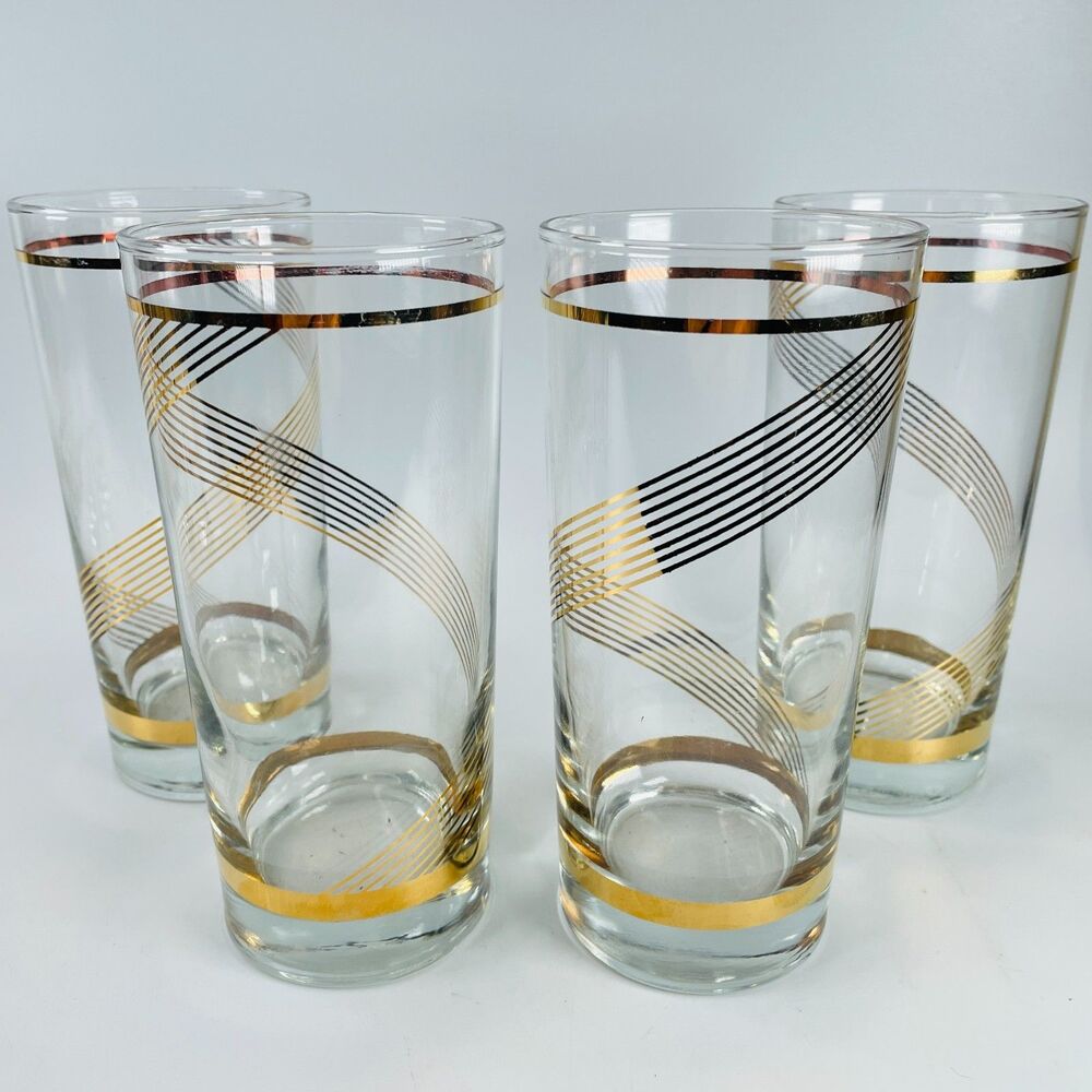Set of 4 VTG Culver Highball Glasses 22K Gold Stripe Swirl Tumblers MCM Barware
